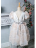Short Sleeves Pink Dotted Tulle V Back Flower Girl Dress